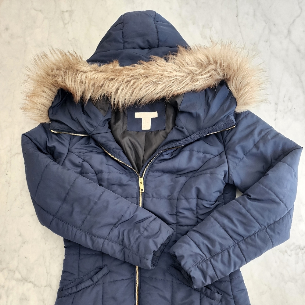 Belted blue parka with gold hardware